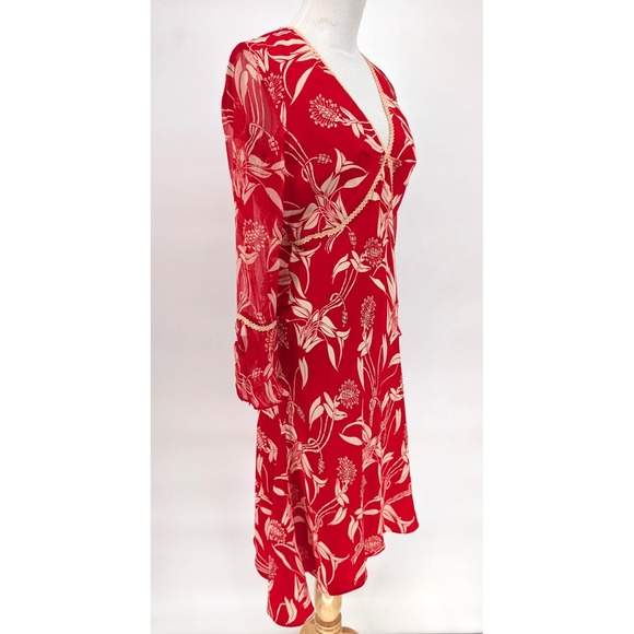 VTG 90s Y2K Red Silk Babydoll Boho Whimsigoth Beaded Bias Cut Chiffon Midi Dress - Picture 3 of 15